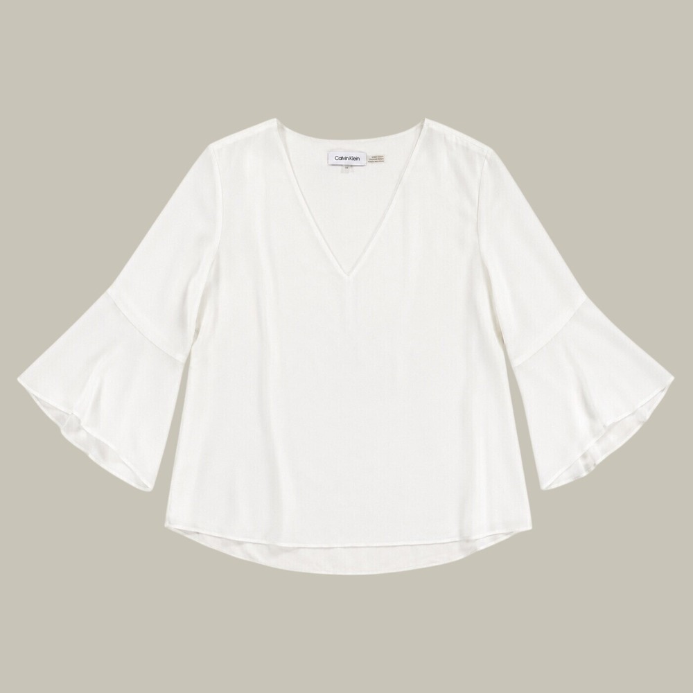 Calvin Klein Womens White V-Neck Bell Sleeve Blouse Top Medium M - Picture 3 of 7